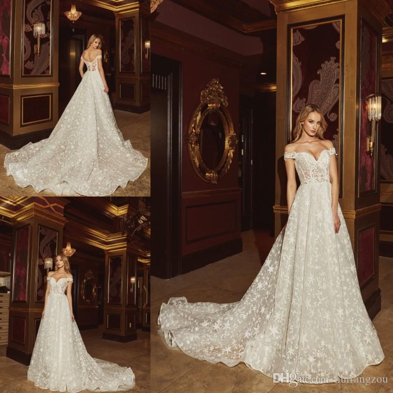 

Vintage A Line Wedding Dresses Off Shoulder Star Appliques Exposed Boning Wedding Dress Sweep Train Ruffles Bridal Gowns Vestido De Novia, White