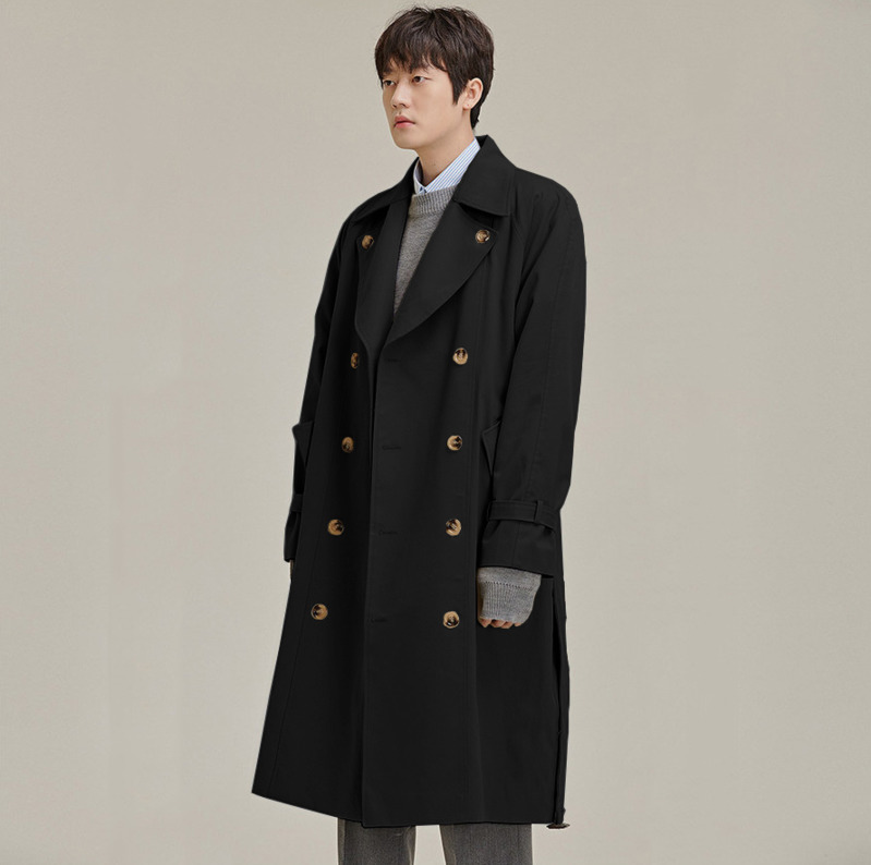

2020 Spring And Autumn New Youth Popular Double-breasted Suit Trench Coat Fashion Casual Wild Loose Mid-length Shirt -2XL, Black