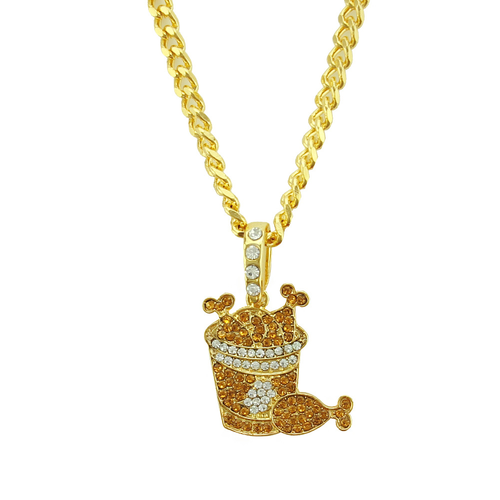 

Men's Chicken Drumstick Pendant Necklace Free Steel Rope Chain Gold Silver Color Cubic Zircon Hip hop Jewelry For Gif