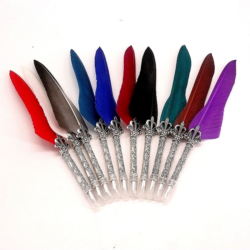 

New Retro Student Feather Pen Teacher Writing Stationery Set Black Gift Box Stainless Steel Nib Metal Texture Pen Birthday Gift, Red