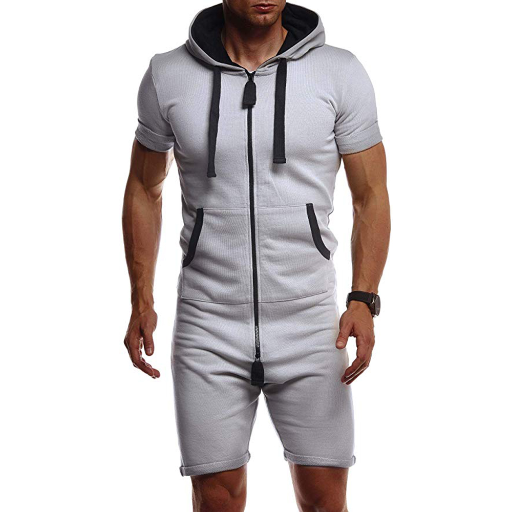 

Men's Pants Short Sleeve Zipper Hooded One Piece Overalls Sets Soft Summer Men Jumpsuit 2021 Mens Tracksuit Fashion Sportwear, Black