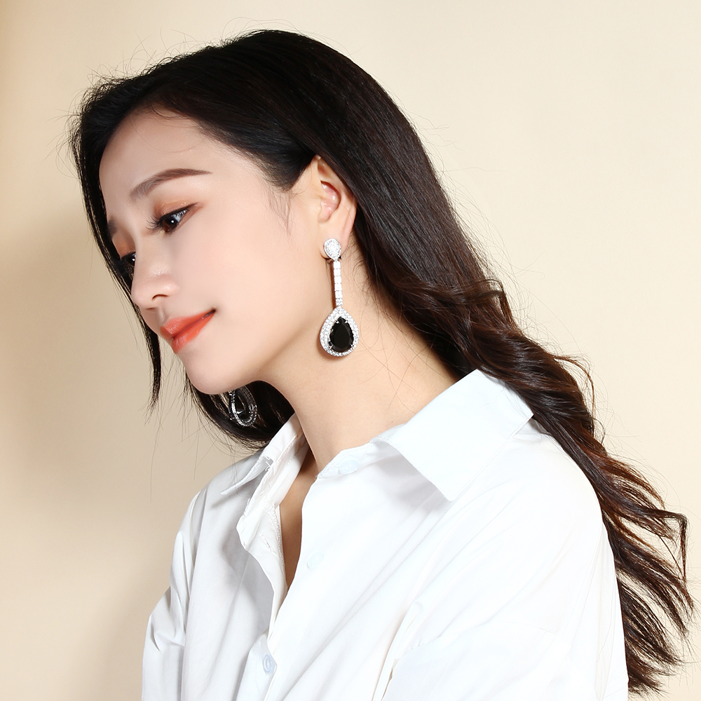 2019 Long Teardrop earring setting Big Green Clear and Black water drop stones High Quality Large earrings for party-image-206595035