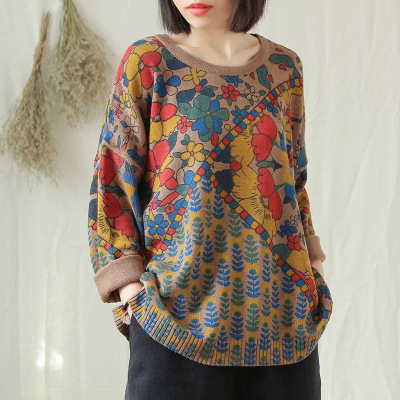 

2020 Spring Sweater Women Loose Retro Large size Tops New Ladies O-Neck Print Pattern Casual All-match Sweater Vintage Tops, Khaki