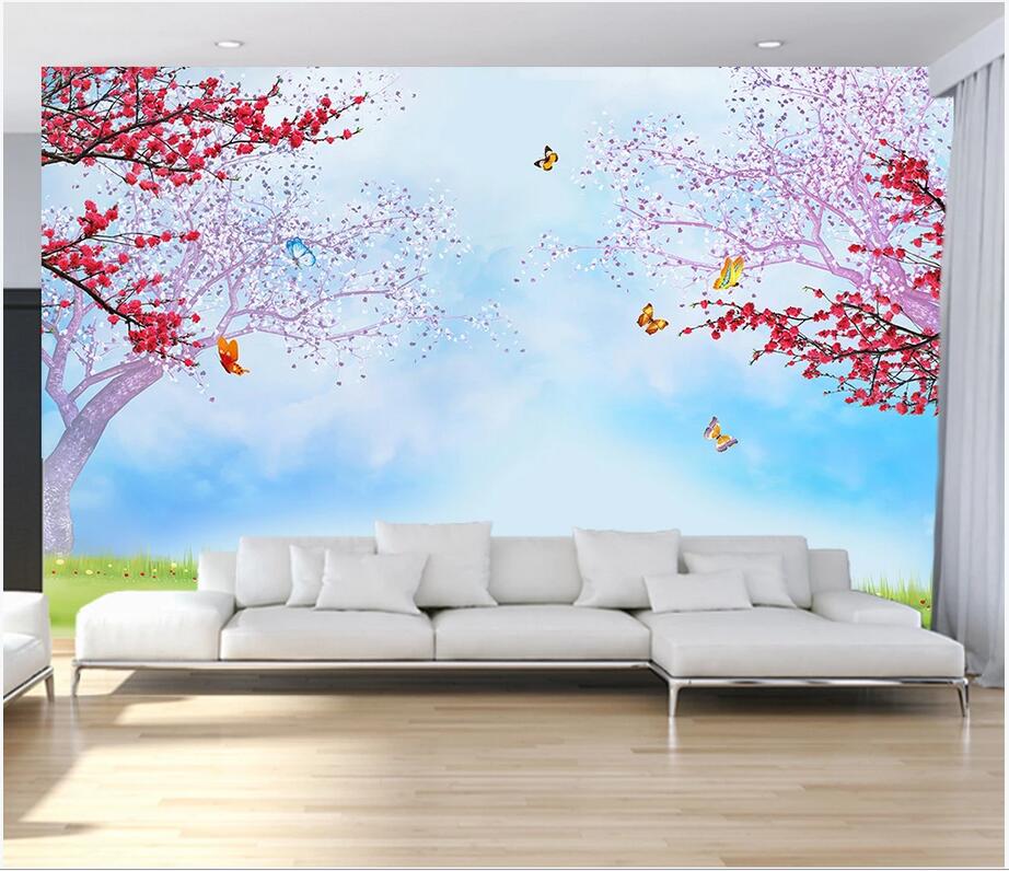 

Wall stickers custom photo mural Fresh scenery peach blossom butterfly love plum blossom background home decor wall art 3d stickers, Non-woven wallpaper