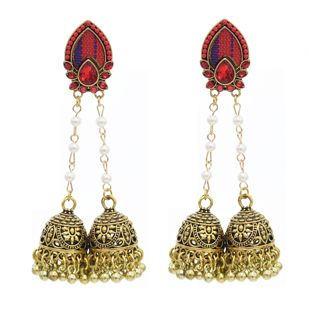 

Indian Style Gold Jhumki Jhumka Earrings with Double Bells Beads Imitation Pearl Tassel Dangle Earrings for Woman Charm Jewelry