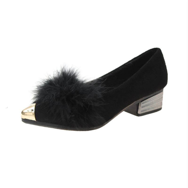 

New Hot Sale Women's Shoes Fur Flock Pointed Toe Fashion Women High Heels Quality Zapatos De Mujer Ladies Shoes Square Heel, Green