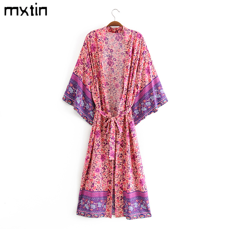 

boho vintage summer floral print with belt kimono women tops 2020 fashion cardigan V neck patchwork beach blouses shirts blusas, As picture