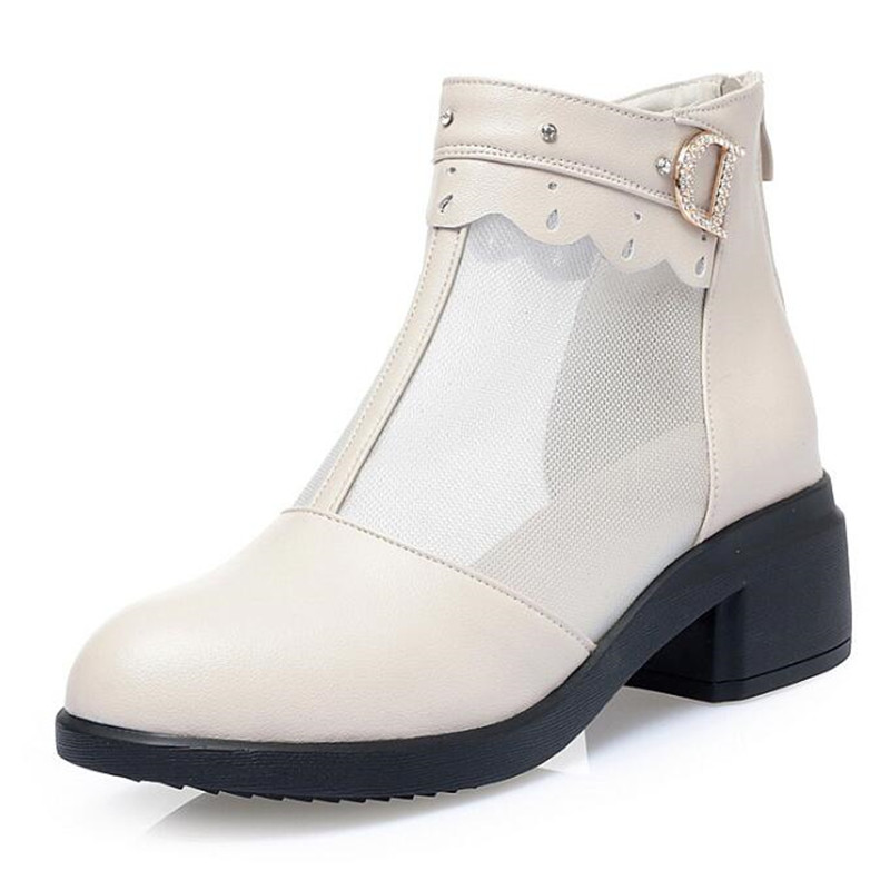 

2020 New Summer Round Head Rhinestone Mesh Boots Sandals Women Genuine Leather Sandals Fashion Elegant Comfort High Heel, Black