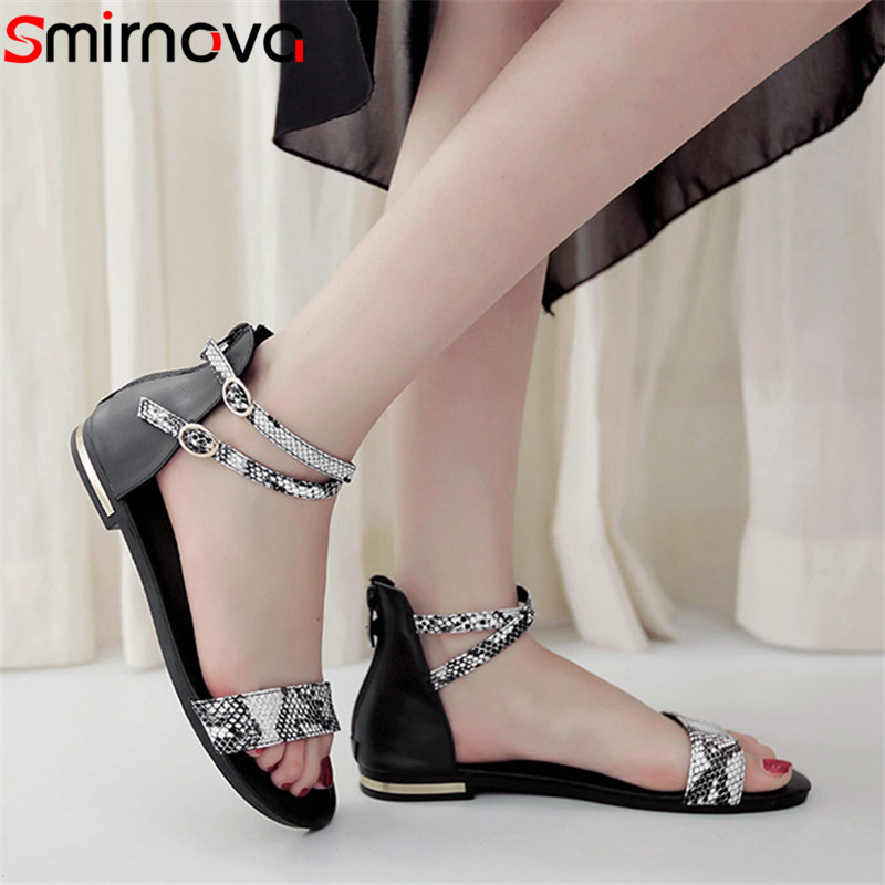 

Smirnova 2020 hot sale genuine leather shoes women flat sandals zip buckle snake summer casual shoes ladies beach sandals, Black