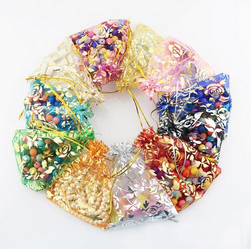 

Colorful Gold Rose Transparent Packs Drawstring Pouch Sachet Organza Gift Bag For Jewelry Wedding Party Beads Packing GB397