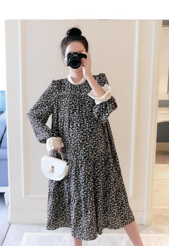 

2020 New Spring Korean Fashion Maternity Long Dress Elegant Floral Printed Loose Clothes for Pregnant Women Pregnancy Wear, Black