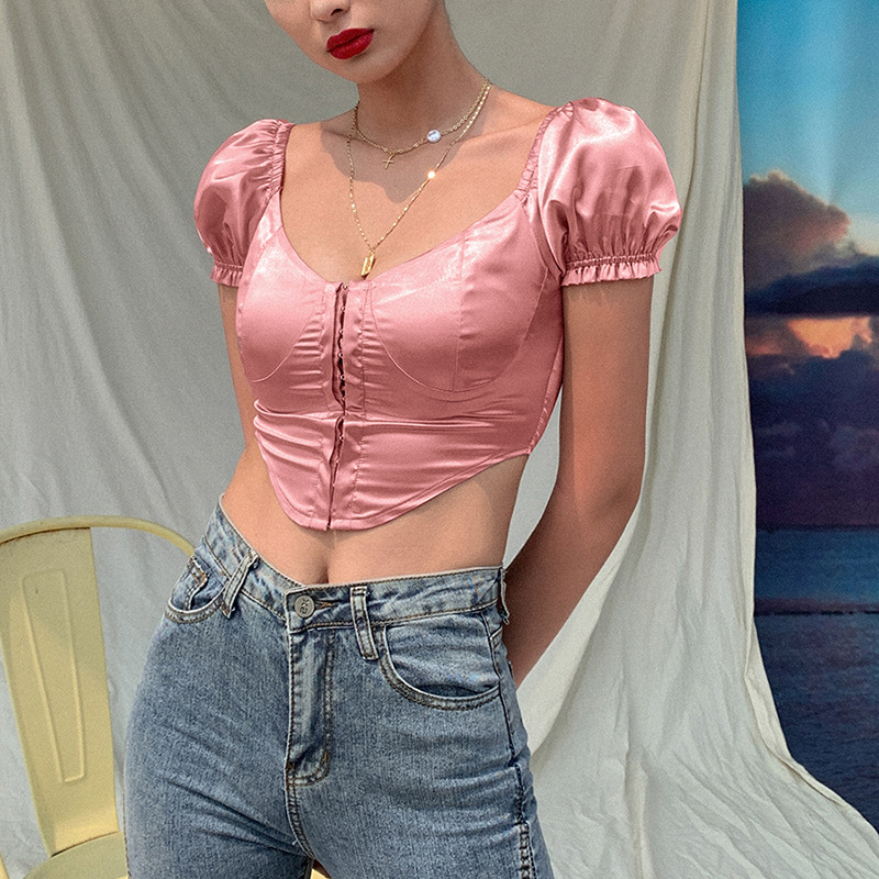 

elegant corset Retro design Silk crop tops women T-shirt2020 summer sexy low cut casual party streetwear white Tees mujer, Pink