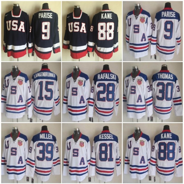 

2010 Team USA Ice Jersey 9 Zach Parise 15 Jamie Langenbrunner 28 Brian Rafalski 30 Tim Thomas 39 Ryan Miller 81 Phil Kessel 88 Patrick Kane, As pic