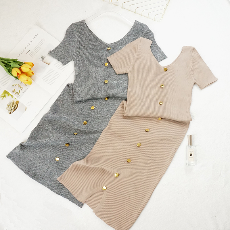 

Summer Autumn Women Knitted Dress Sexy V Neck Slim Split Button Dress Female Short Sleeve Casual Knitting Dresses Vestidos S1884, Black