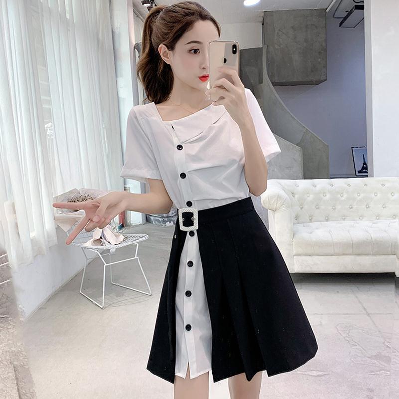 

2020 New Summer Women Pleated Short Sleeve Shirt + Irregular Skirt Two Piece Sets Outfits Office Lady Casual 2 Piece Suit Z21, Black