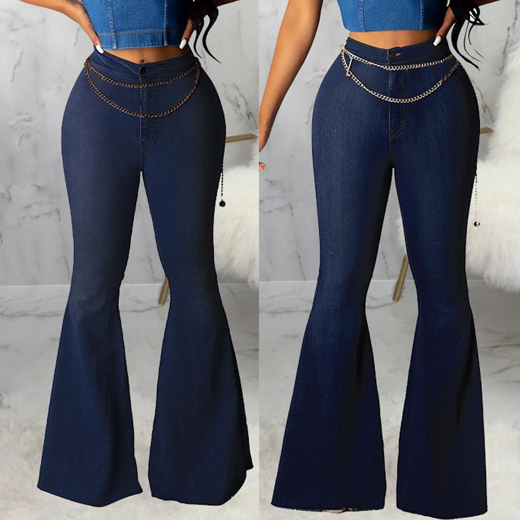 

Fashion Denim Flare Pants Women Retro Ripped Jeans Wide Leg Trousers Lady Casual Bell-Bottoms Flare Pant Female#G8, Blue