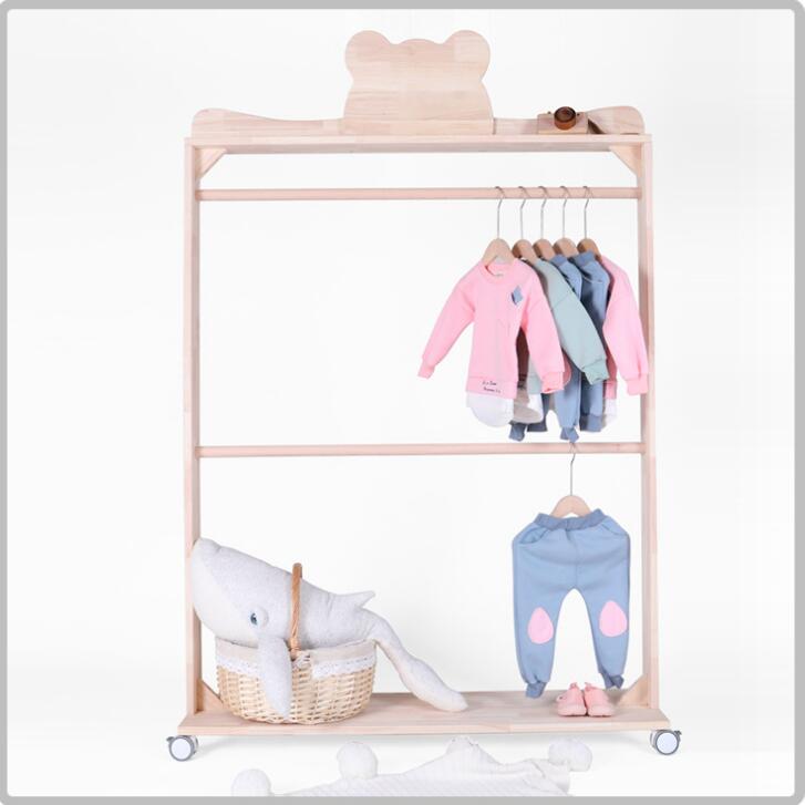 Children Cabinets Bear and crown double pole floor solid wood roller hanger children's clothing store display racks decoration rack-image-507575344