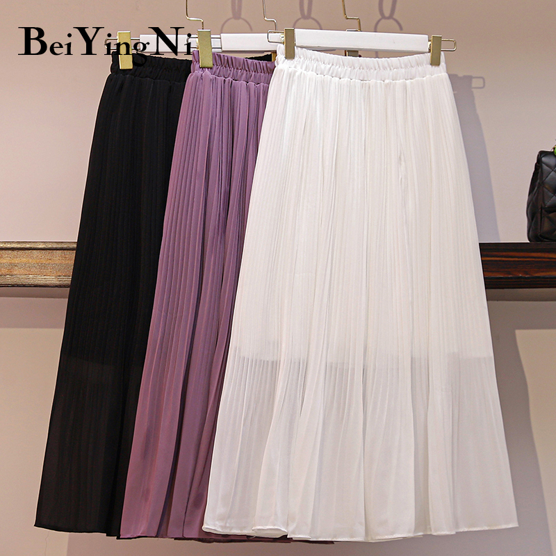 

Beiyingni Pleated Chiffon Midi Skirt Women Retro Plain Slim Shift Casual High Waist Skirts Ladies 2020 White Black Purple Saias