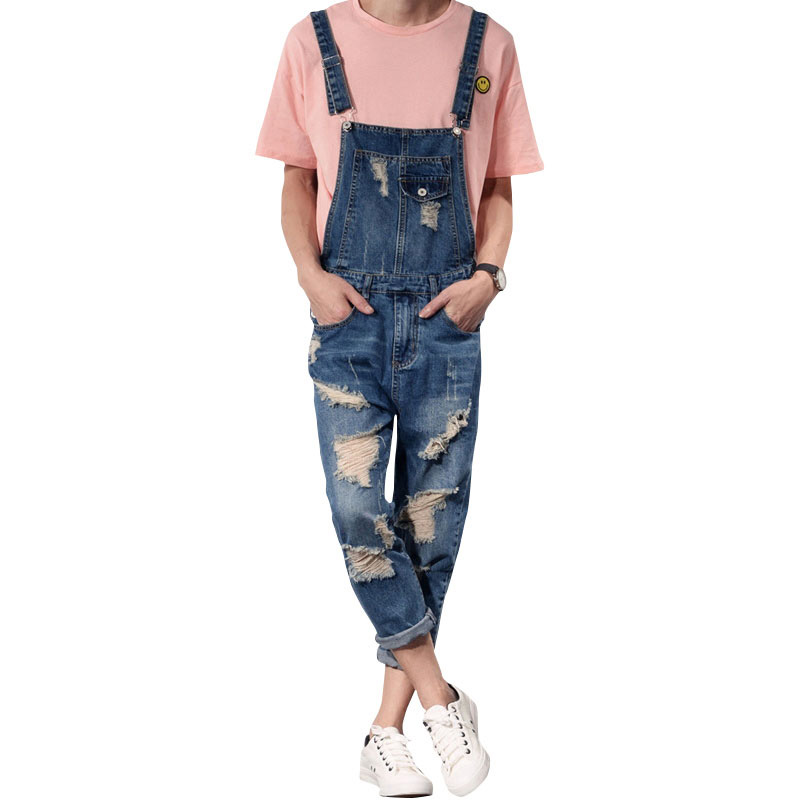 

jeans men 2019 New Mens Bib Overalls Fashion Denim Overalls Men Ripped Jeans Male Denim Jumpsuit Tooling trousers Size -6XL, Blue