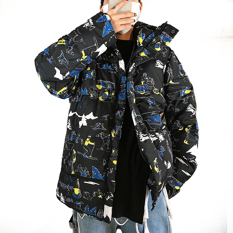 

Men's Jackets Winter Trend Mens Loose Thick Cotton Jacket Fun Printing Warm Fashion Hooded Hip Hop Long Sleeve Men, Black