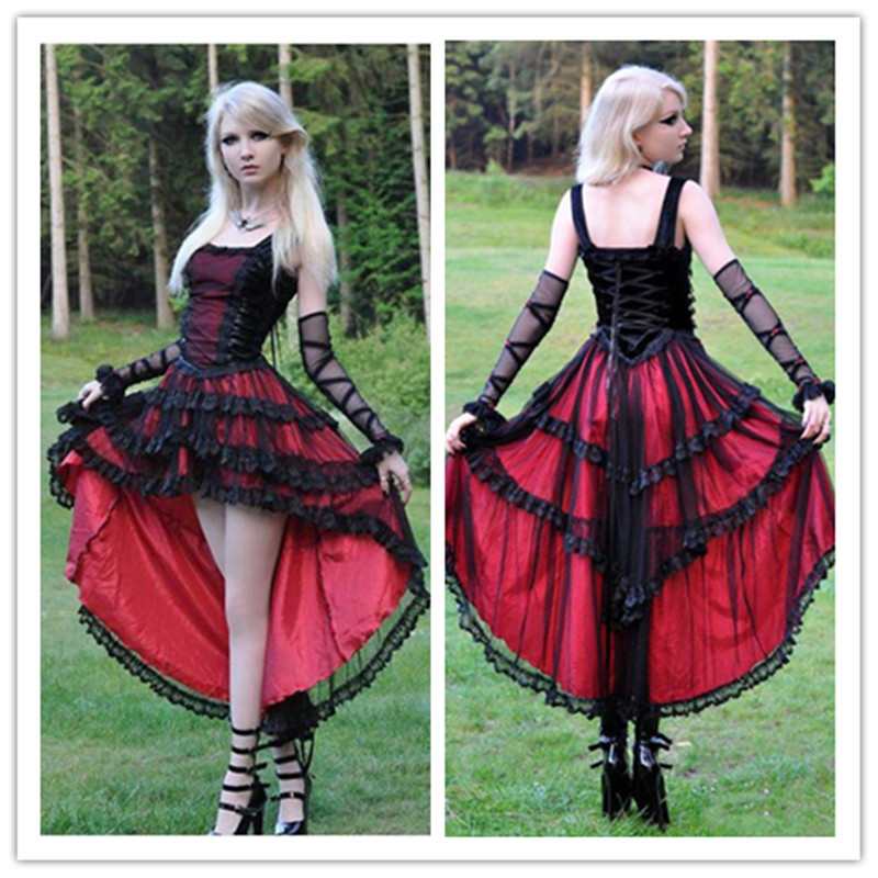 Gothic Evening Dresses Girls High Low Red and Black Lace Tulle Satin Straps Short Front Long Back Party Gowns Custom Size robes de soiree