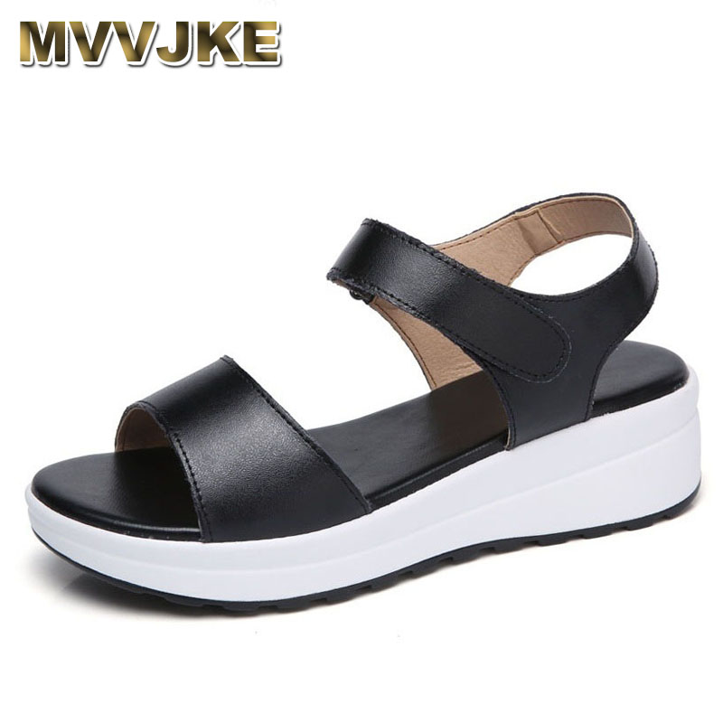 

MVVJKE 2020 Women Genuine Leather Wedge Sandals Summer Concise Casual Shoes Peep Toe Ladies Platform Sandals Black White