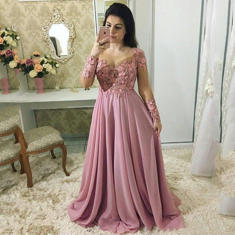 

Custom Long Sleeves Lace Mother Of the Bride Dresses 2020 with Appliques Jewel Neck Sweep Train Chiffon Plus Size Evening Gowns