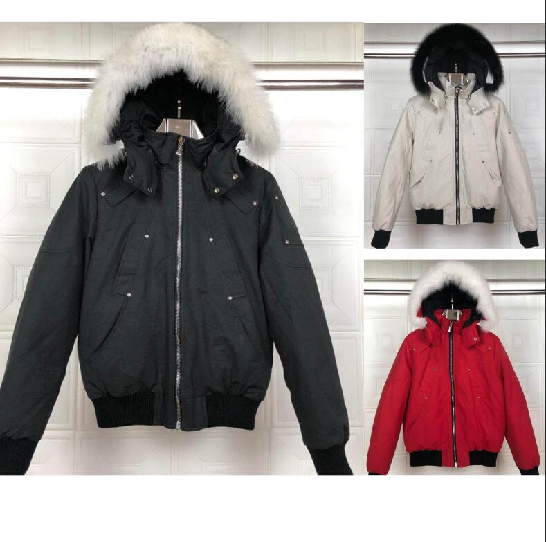 

Winter down jackets Mens black ballistic bomber Jacket slim on waist short coats with hooded white fox fur collar scissors on the arm, Photo color