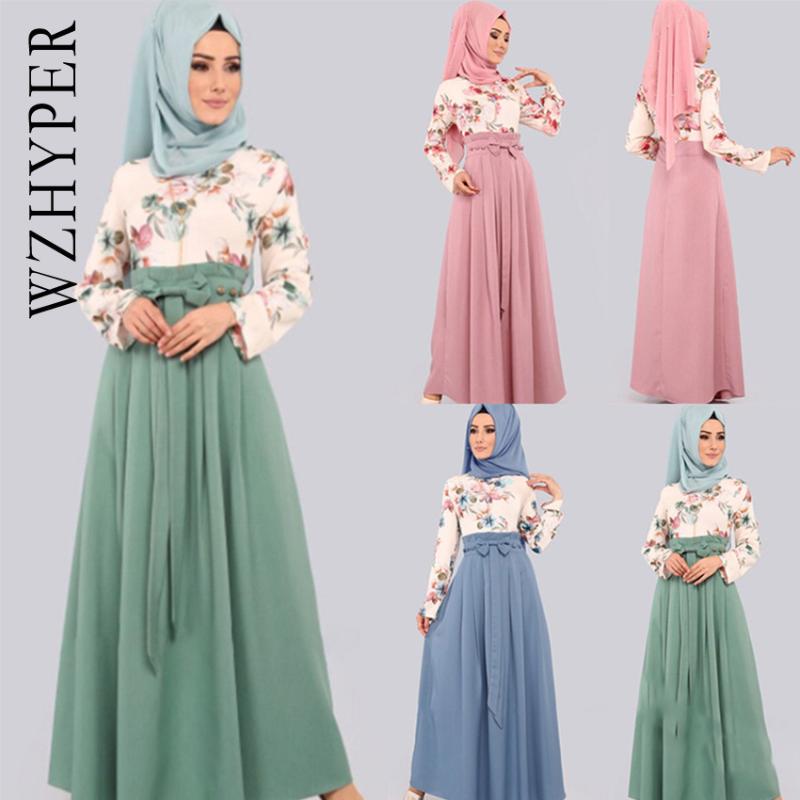 

Women Floral Dresses Turkey Islamic Dubai Arabic Hijab Muslim Long Abaya Bow Ruffles Casual Fashion O Neck Lady Long Maxi Dress