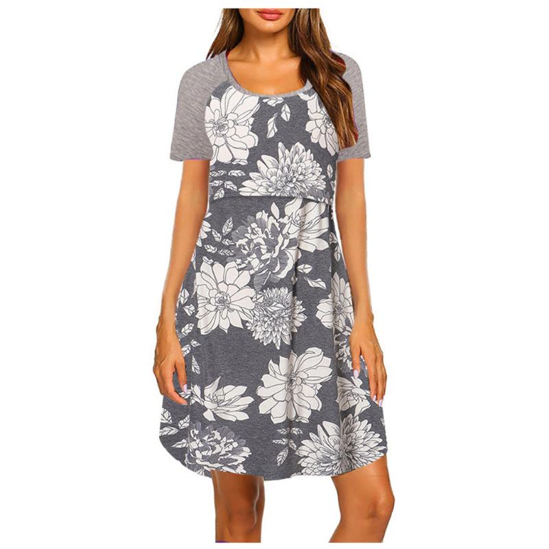 

Summer Maternity Dresses Pregnant Women Flower Polka Dot Printed Short Sleeve Dress Ladies Breastfeeding Nursing Casual Dress, Dark gray