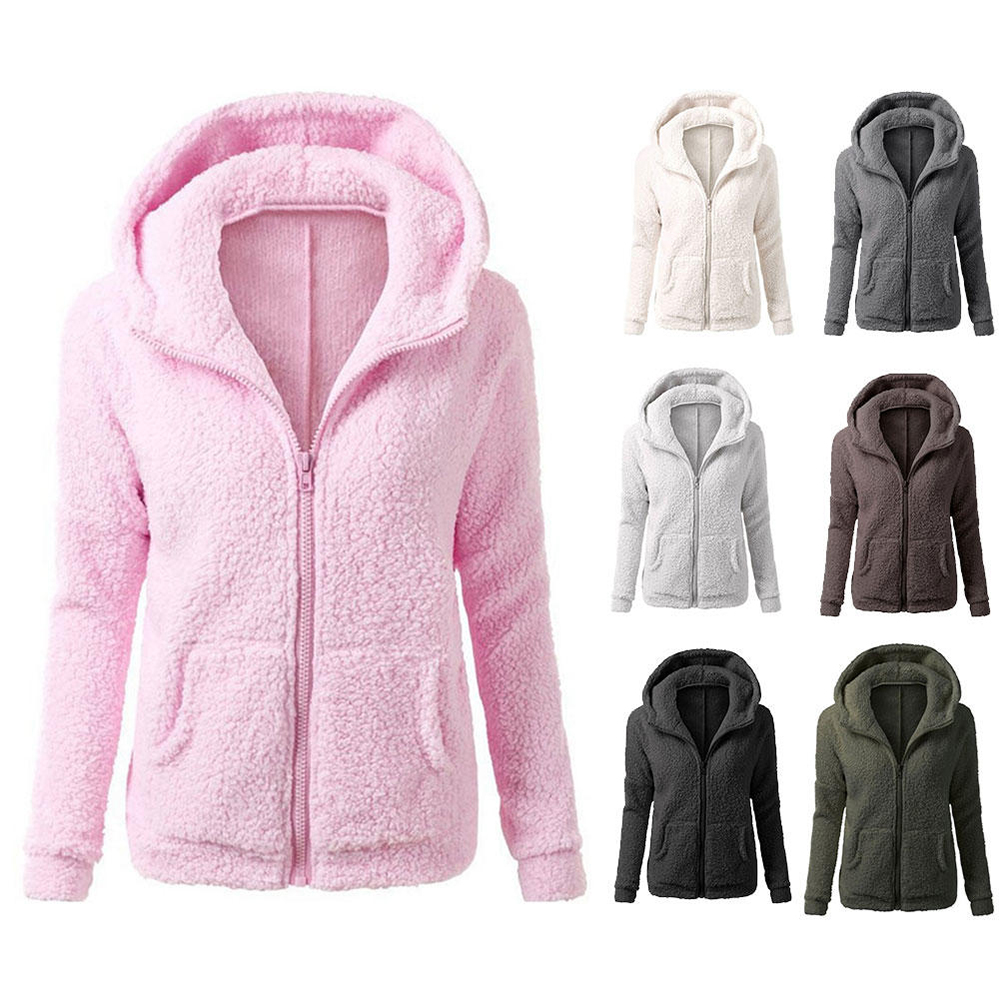 

Fashion Women Solid Color Coat Thicken Soft Fleece Winter Autumn Warm Jacket Hooded Zipper Overcoat Female Casual Outwear Coat, Pink