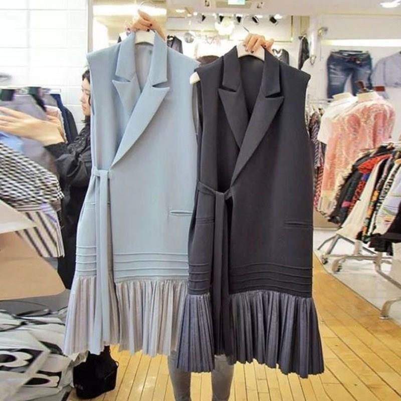 

Pleated Shirt Sleeveless Vest Female Korean Fashion Clothing Ruffled Stitching Jacket 2019 Fall New Loose Vest, Black