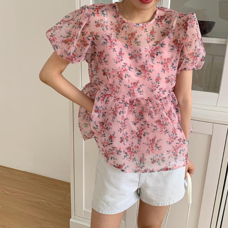 

Women Pink Organza Floral Blouses Women 2020 New Summer Korean Style Elegant Sweet Shirt Puff Sleeve Loose Tops Blusas