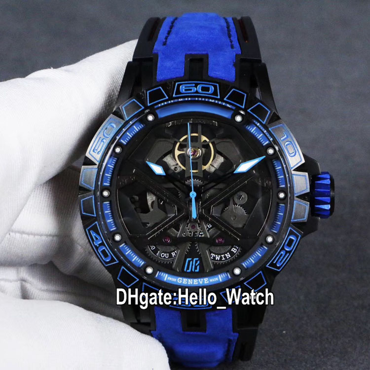 

New Excalibur 46 RDDBEX0749 Automatic Tourbillon Mens Watch Blue Inner Skeleton Dial PVD Steel Case Blue Leather Strap Watches Hello_Watch, Custom waterproof service