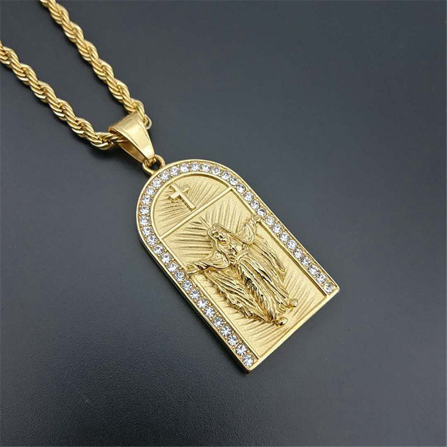 

Hip Hop Iced Out Cross Jesus Necklaces Pendants Gold Color Stainless Steel Chain For Women/Men Christian Jewelry Crucifix XL1224