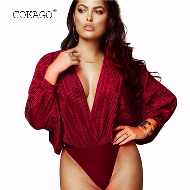 

COKAGO Red V Nevk Long Sleeve Bodysuit For Women Casual Summer Women' Body Suit Sexy Thong Bodysuits 2019 Elegant Romper Female, Black