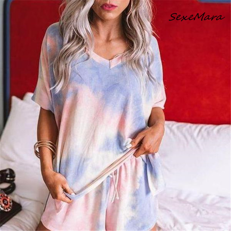 

Plus Size Print Women Loose Home Clothes 2020 Summer V-neck Pajama Sets Casual Women Pajamas, As pic