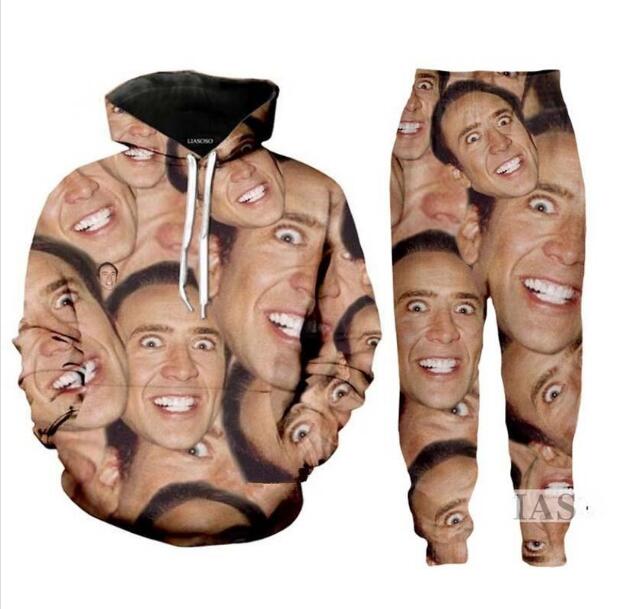 

Wholesale--New Fashion Men/Womens Famous Actor Nicolas Cage Sweatshirt Joggers Funny 3D Print Unisex Hoodie+Pants ZZ01, Green