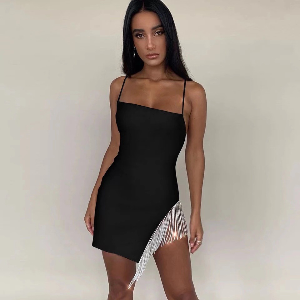 Diamond Party Robe Femmes 2022 Été Hem ourlet Tassel Back Saint Saint Valentin Robe de club Sexy Élégante Robes blanches Mini Plus Taille S M L X