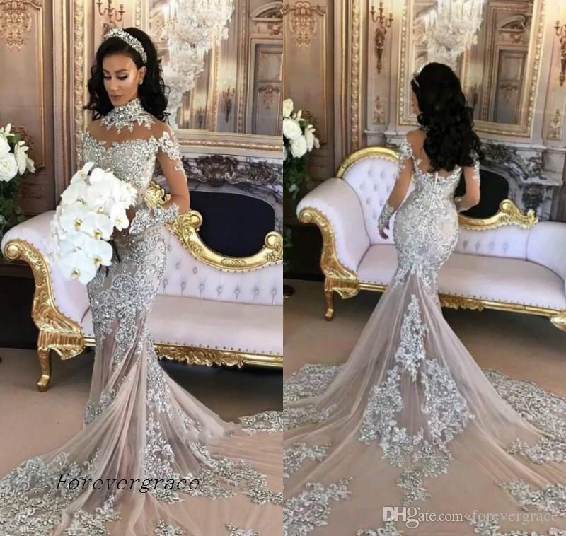 2019 Chic De Luxe Perlé Appliqued Robe De Mariée Sirène Vintage Arabe Sheer Manches Longues Col Haut Robe De Mariée Plus La Taille Sur Mesure