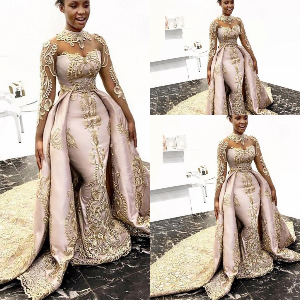 

2021 Luxury African Mermaid Wedding Dresses Formal Bridal Gowns Long Sleeves High Neck Gold Lace Appliques Detachable Train Overskirts Plus Size, Ivory