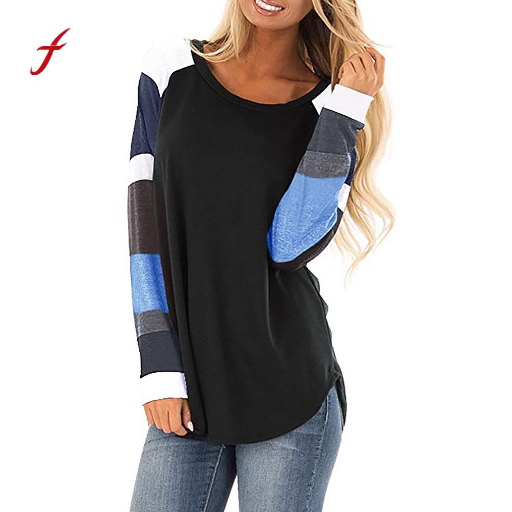 

women blouses Color Block Long Sleeve Pullover Loose Tunic Sweatshirt plus size feminino Cotton brand tee tops roupa feminina, Black