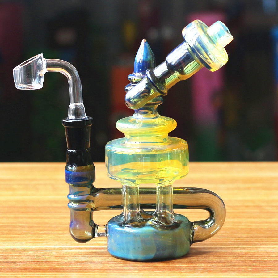 

Direct sale of Great designs glass bongs, dab rigs, hookahs with Blue fumed and yellow body craft water pipe 14 mm bowl