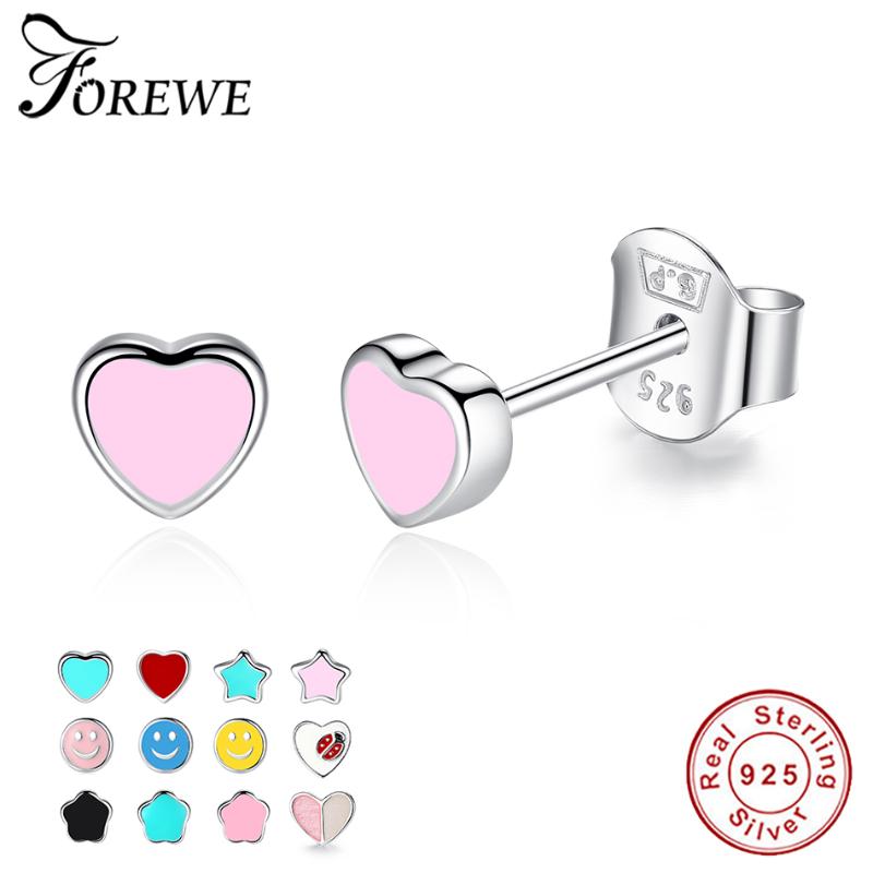 

Fashion 925 Sterling Silver Cute Small Pink and Blue Enamel Heart Stud Earrings For Women Girls Children Baby Kids Fine Jewelry