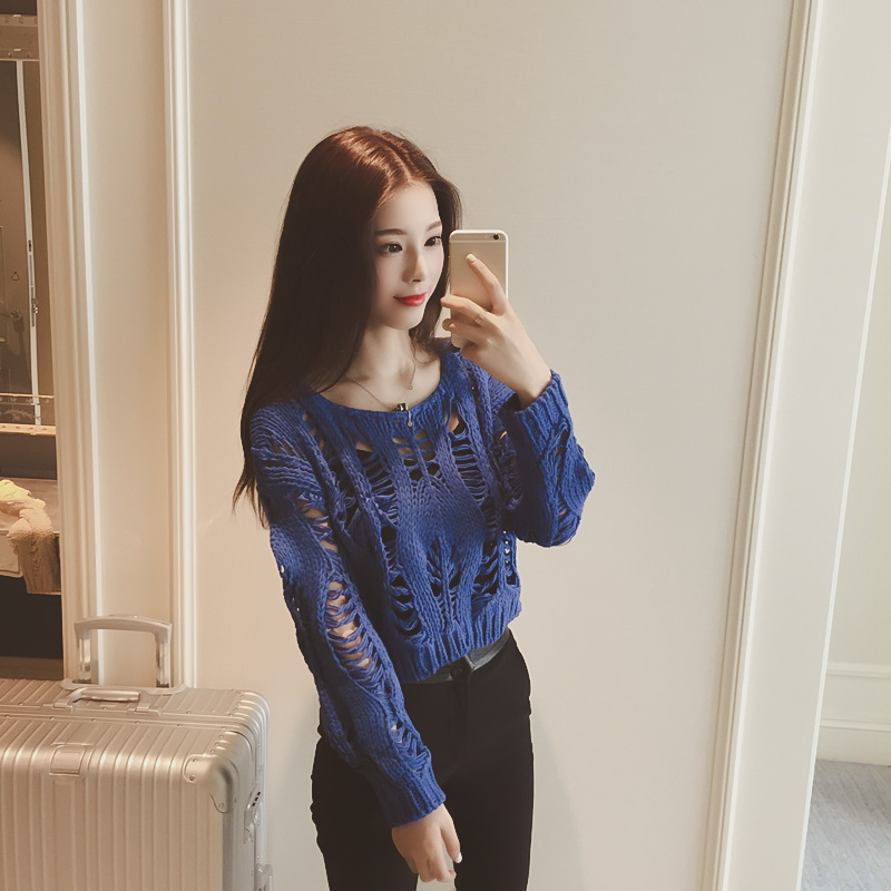 

Sexy Hollow Sweater Women Loose Casual Round Neck Girl 2020 Autumn Thin Section Long Sleeves Were Thin Sweaters Female, Beige