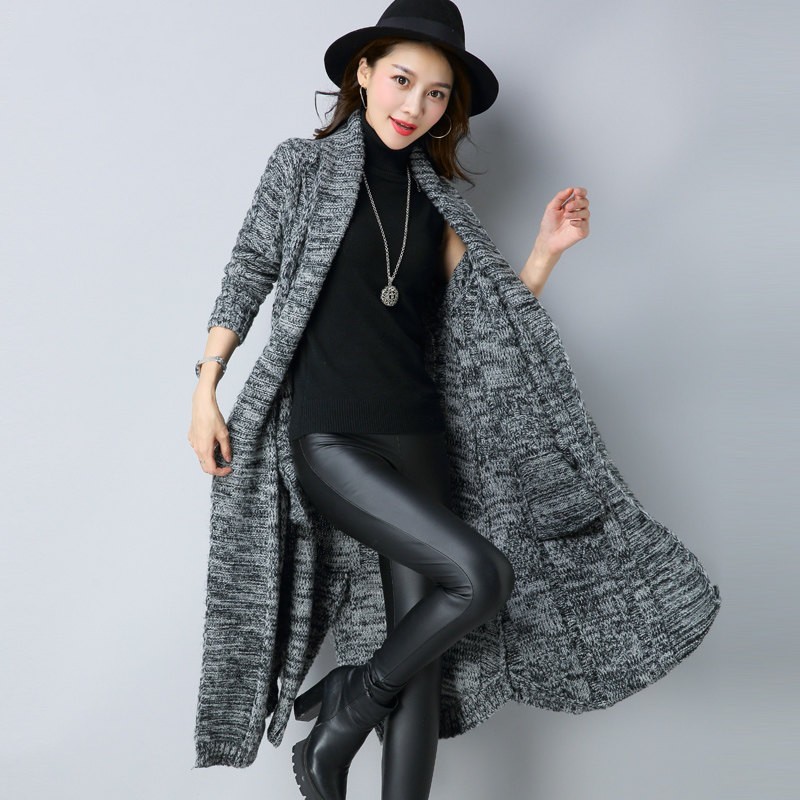 

Fashion Women Medium Knitting Cardigan Fall Winter Solid Red Gray Black Plus Size 3XL Loose Long Sleeve Thick Poncho Coat