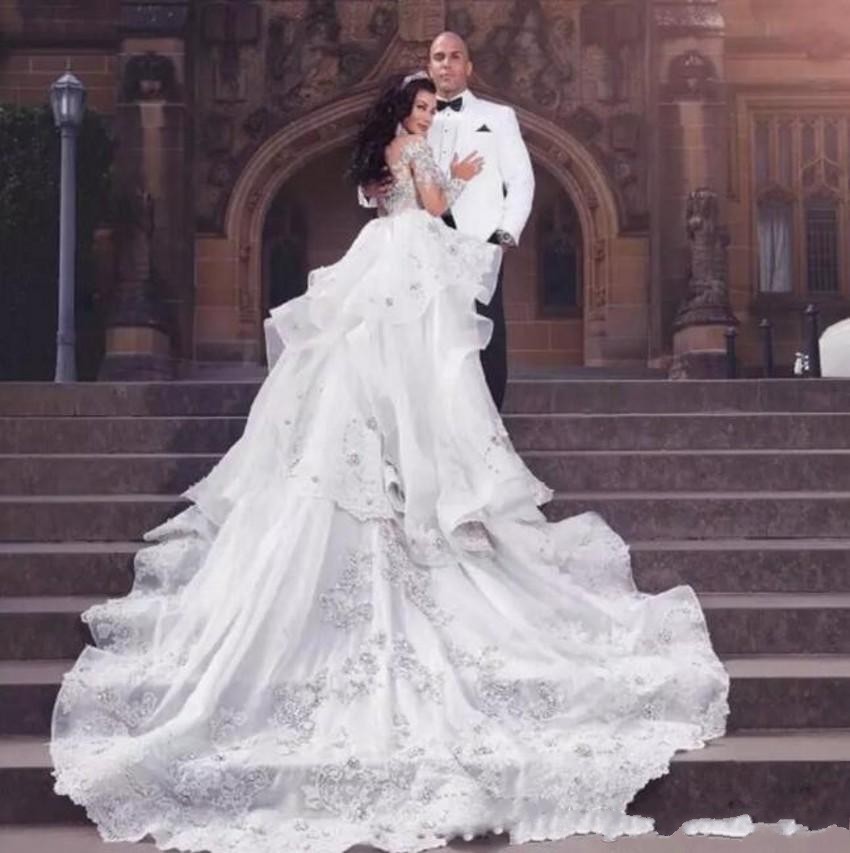 

2020 Classic Crystal Wedding Dresses With Detachable Over-skirt High Neck Long Sleeves Beaded Applique Wedding Gowns Bridal Dress, White