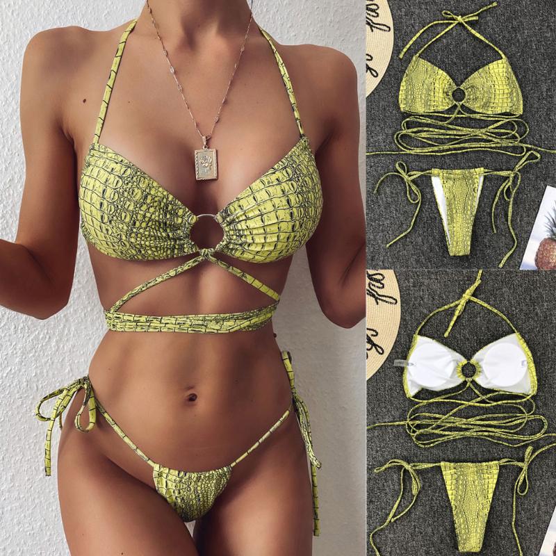

Snake Print Bikini Set Push Up Swimwear Women Halter Bandage Bikinis 2020 Mujer Swimsuit Thong Biquini Swimming Suit For Women