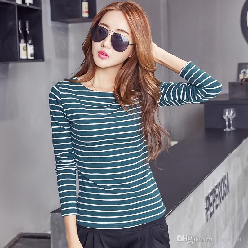

hot sale Cotton T-shirt Women 2019 New Autumn Long Sleeve O-Neck Striped Female T-Shirt White Casual Basic Classic Tops, 2#