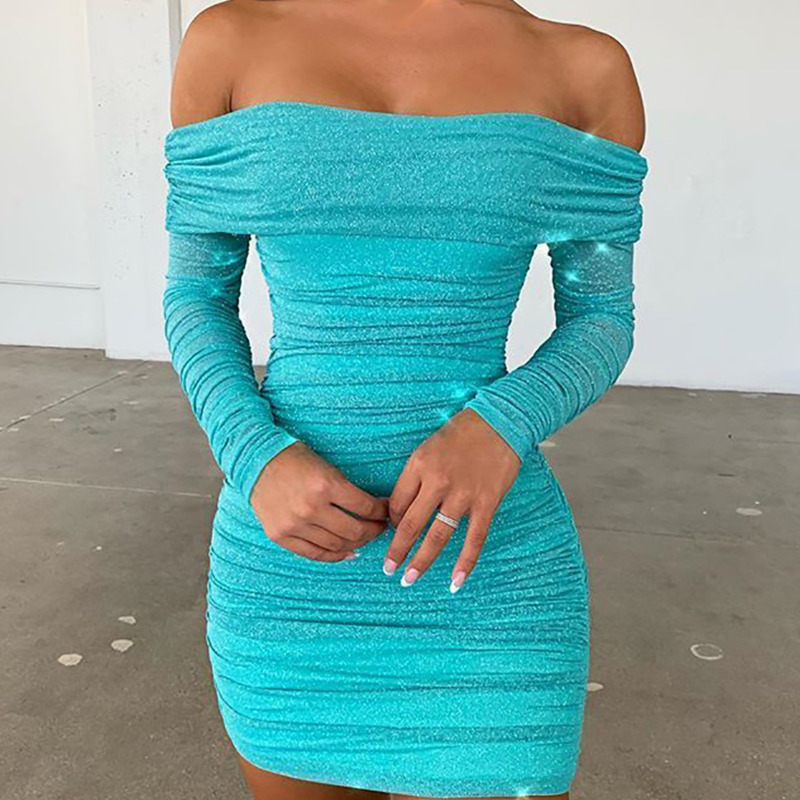 

DEAT 2020 Spring Long Sleeve Sexy Slash Neck High Waist Slim Short Mini Bodycon Dress Women MH882, Black